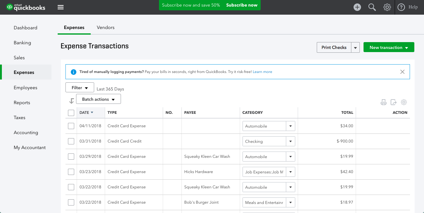 quickbooks expense transactions